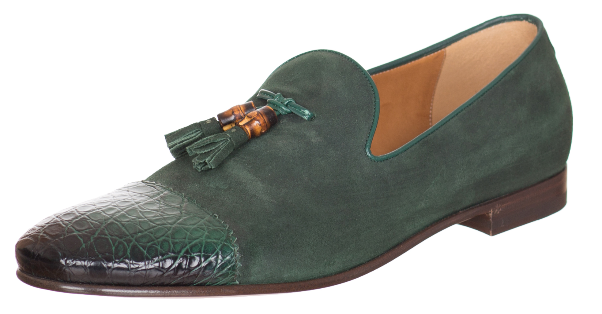 Gucci Men’s Green Suede Crocodile Leather Bamboo Tassel Loafers Shoes COUTUREPOINT