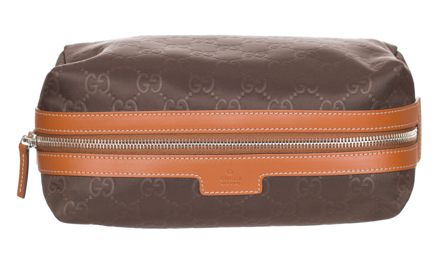 Gucci GG Brown Nylon and Leather Cosmetic Case Toiletry Bag