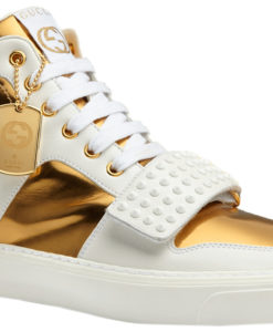 Gucci Men\u0027s White Leather Gold GG High Top Sneakers Shoes