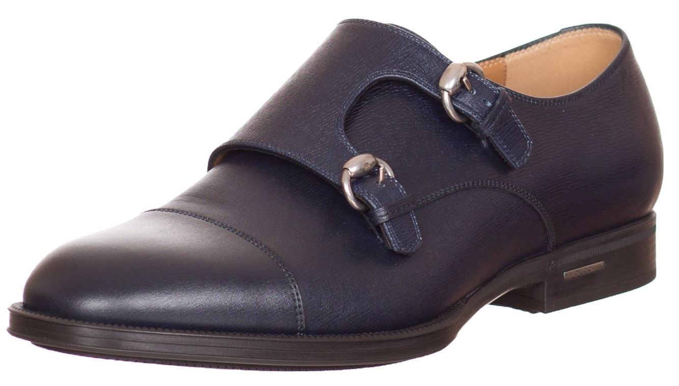 Gucci Blue Leather Double Monk Strap Loafers Shoes US 9 10