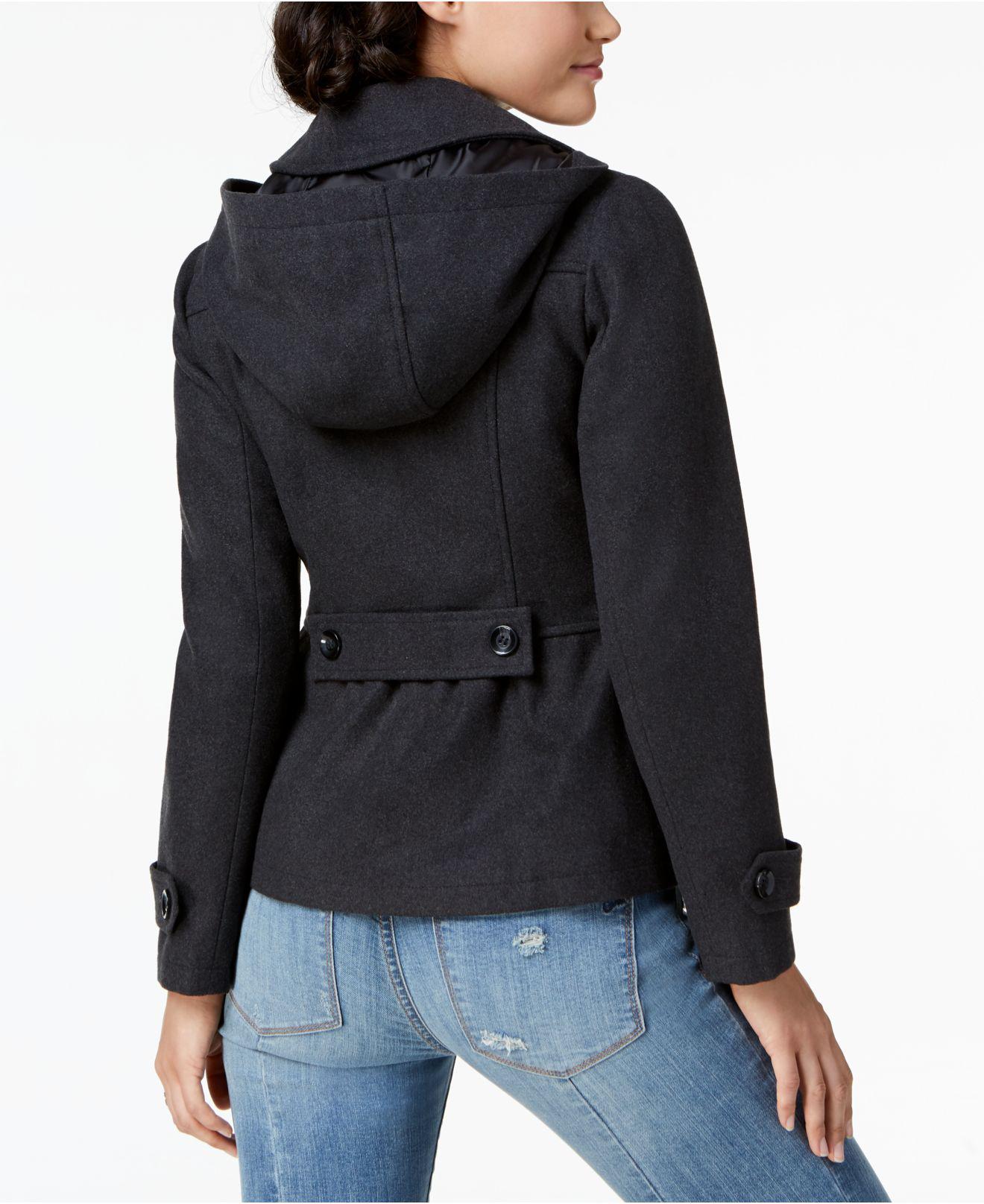 Celebrity Pink Women’s Charcoal Double Breasted Hooded Peacoat Jacket