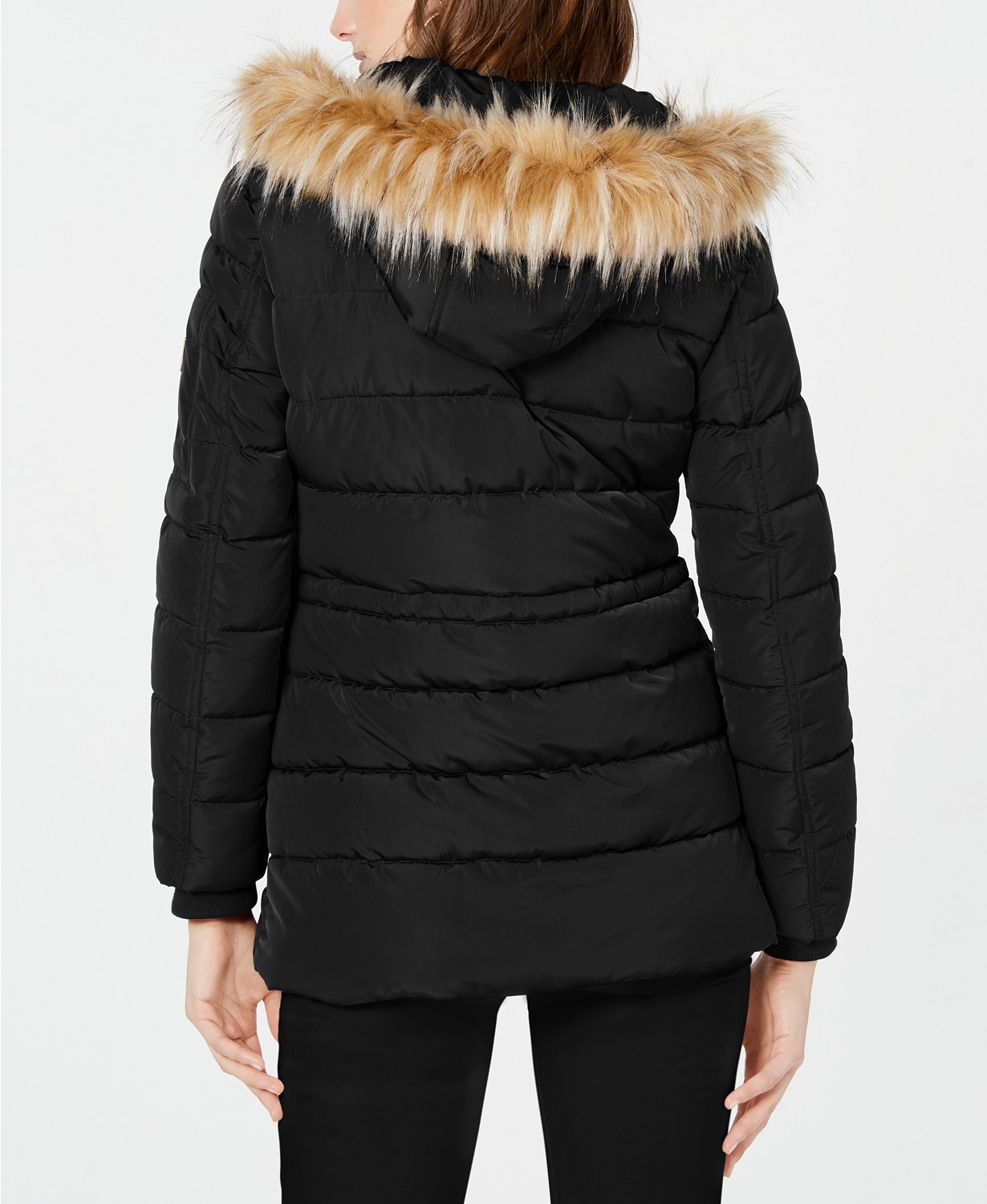 Guess Women's Black Hooded Faux Fur Trim Puffer Coat Jacket